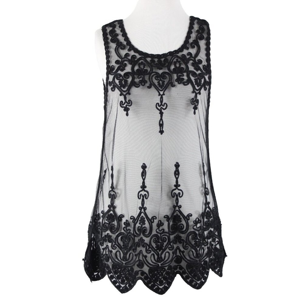 Universal Fashion $50 Sz M Black Sheer Mesh Embroidered Tank 100% Poly Top